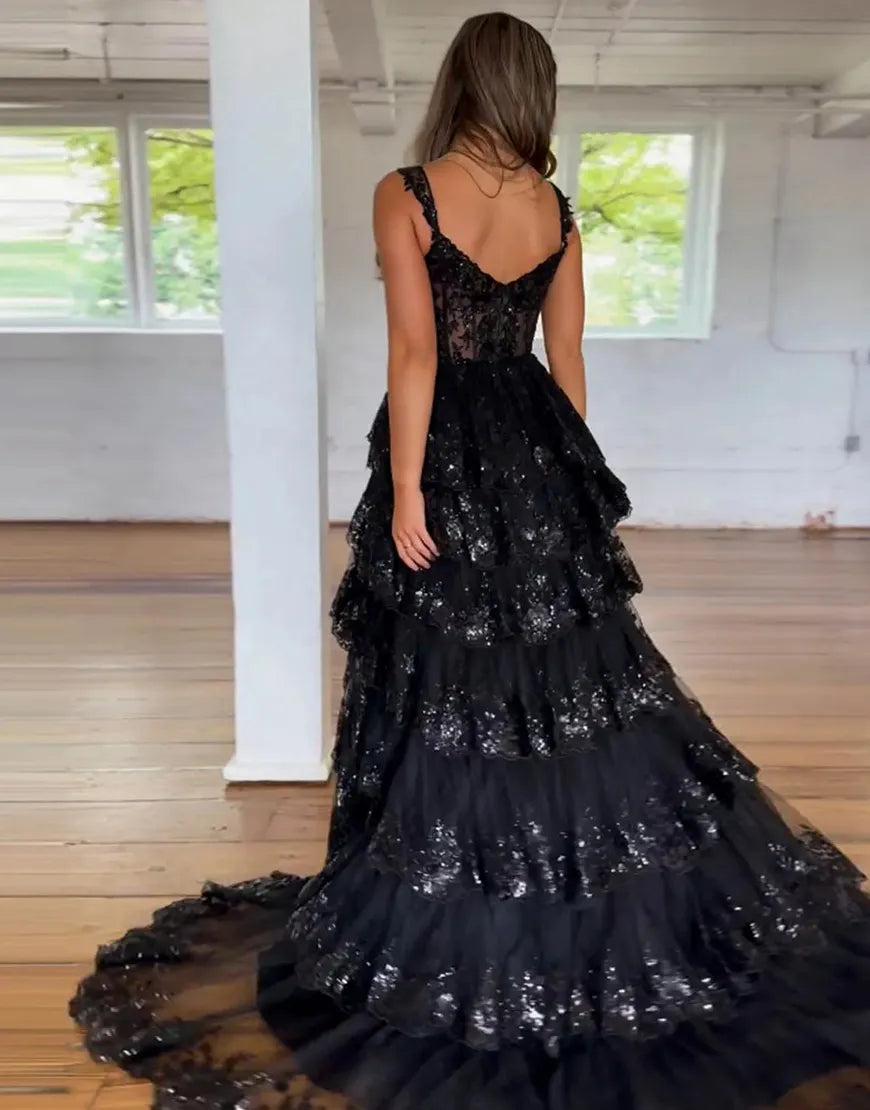 Wholesale Gorgeous Shiny A-Line Long Tiered Corset Prom Dress With Sequined Appliques prom dresses shops