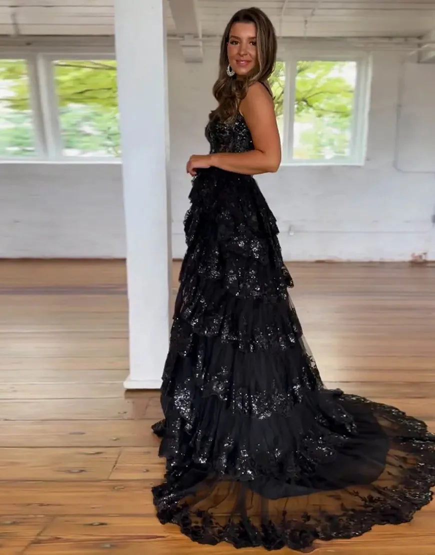 Wholesale Gorgeous Shiny A-Line Long Tiered Corset Prom Dress With Sequined Appliques prom dresses shops