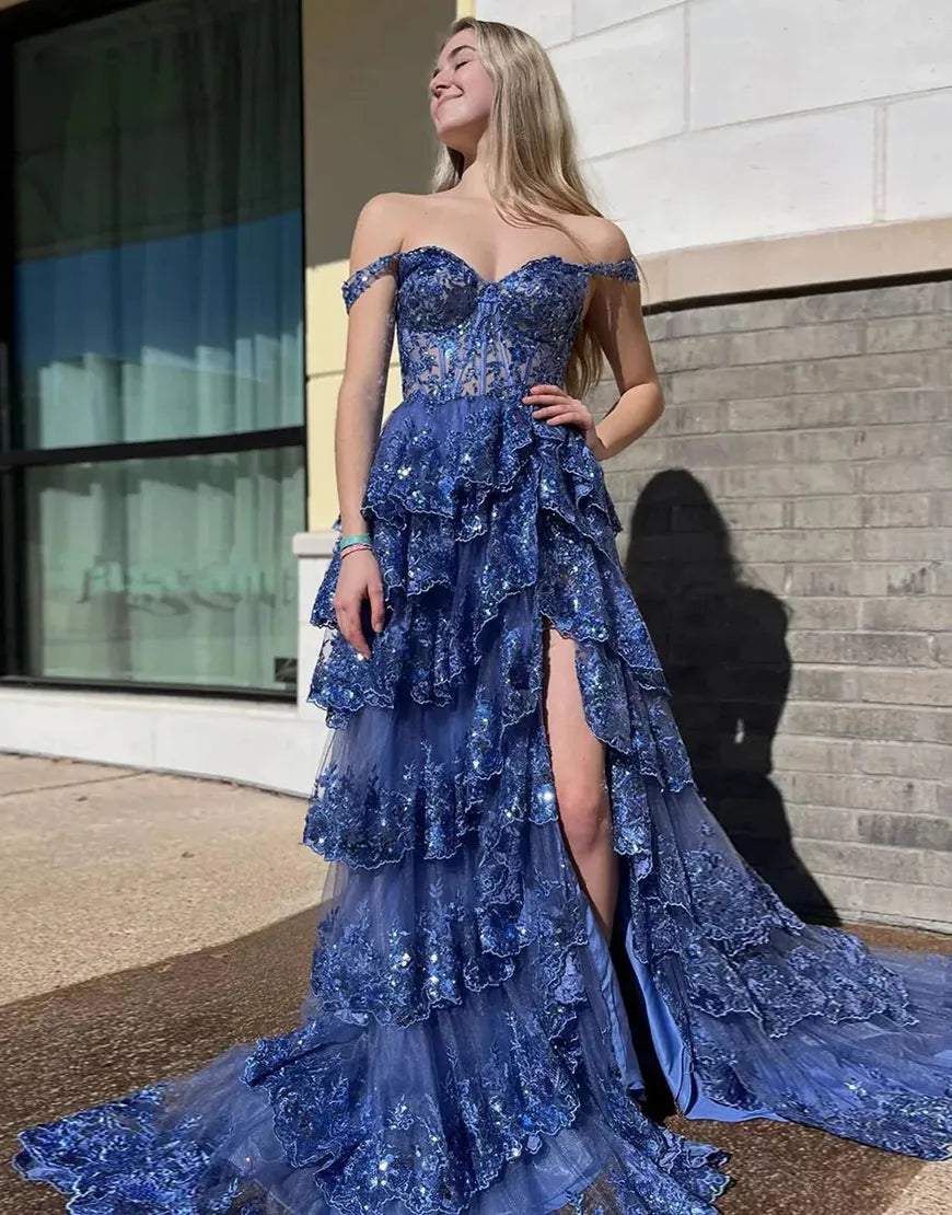 Wholesale Gorgeous Shiny A-Line Long Tiered Corset Prom Dress With Sequined Appliques prom dresses shops