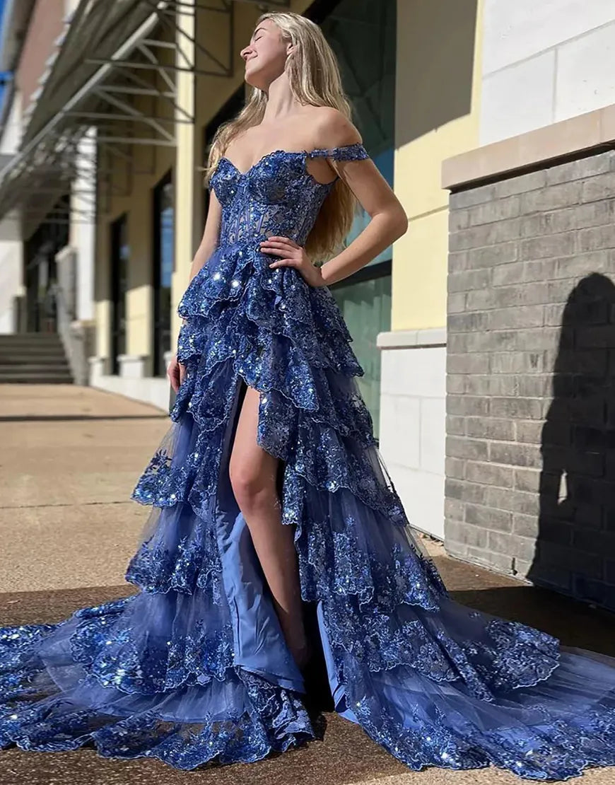 Wholesale Gorgeous Shiny A-Line Long Tiered Corset Prom Dress With Sequined Appliques prom dresses shops