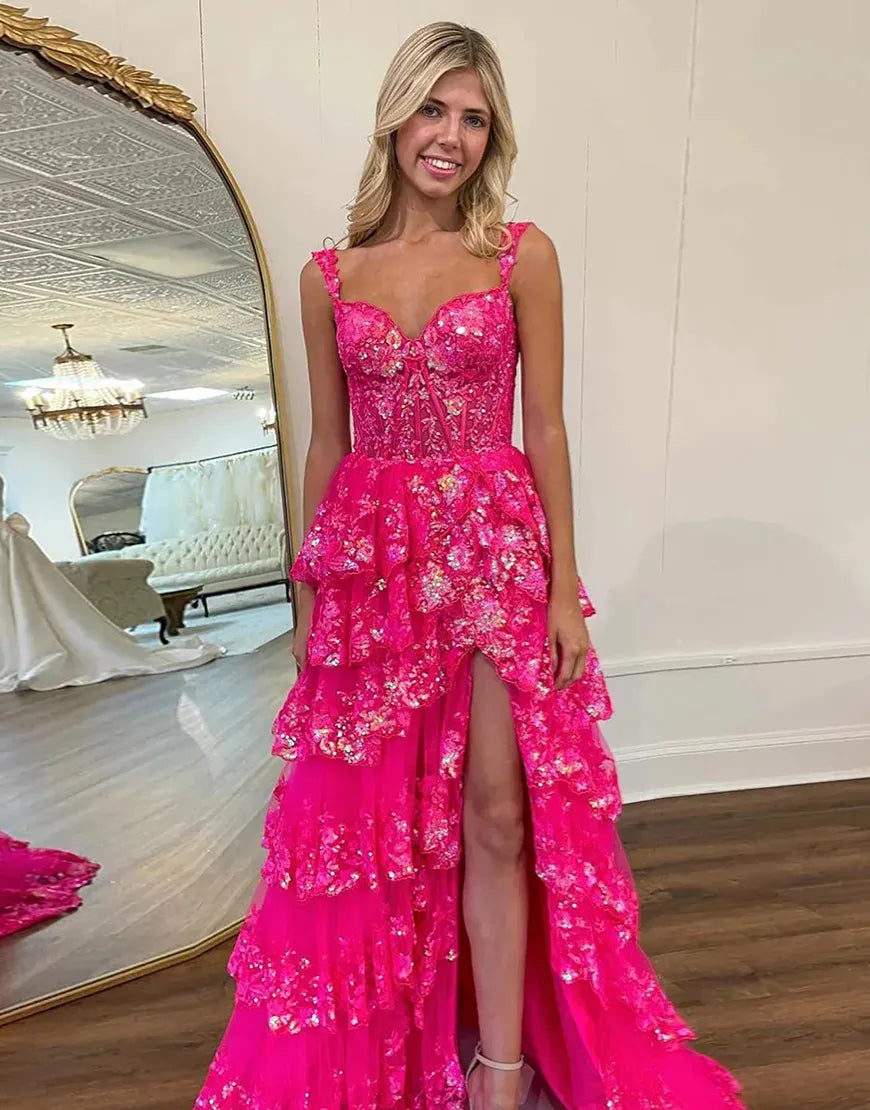 Wholesale Charming A-Line Sweep Train Long Tiered Prom Dress With Split long prom dresses with sleeves