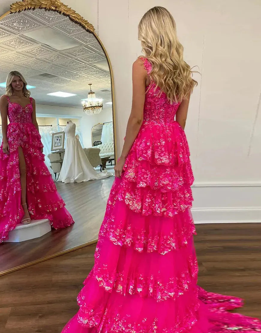 Wholesale Charming A-Line Sweep Train Long Tiered Prom Dress With Split long prom dresses with sleeves