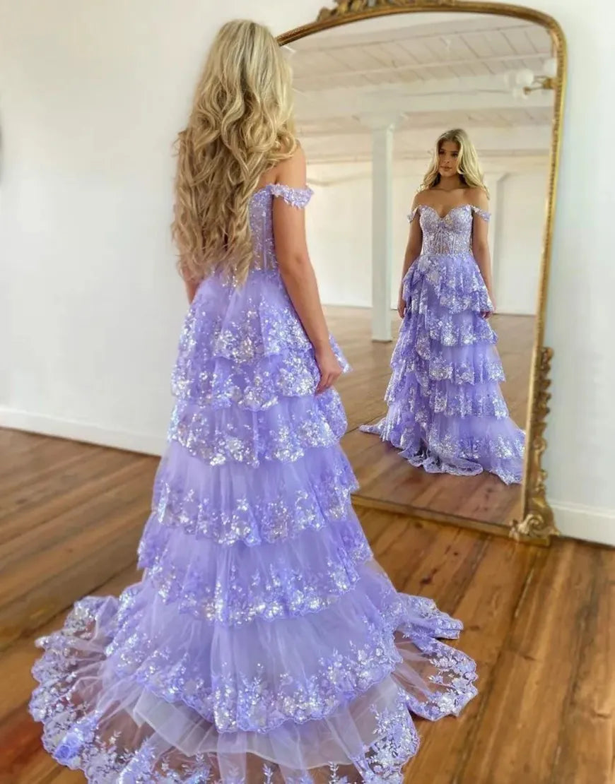 Wholesale Charming A-Line Sweep Train Long Tiered Prom Dress With Split long prom dresses with sleeves