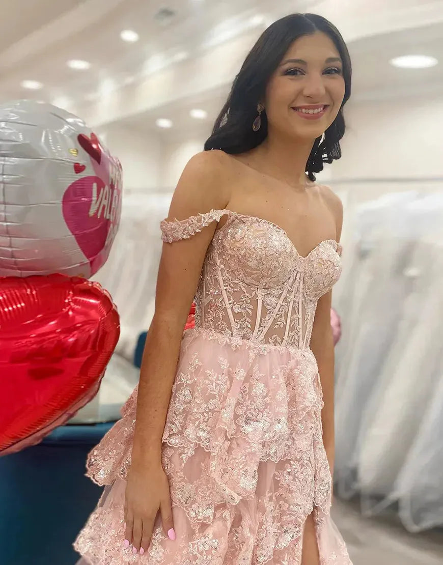 Wholesale Charming A-Line Sweep Train Long Tiered Prom Dress With Split long prom dresses with sleeves