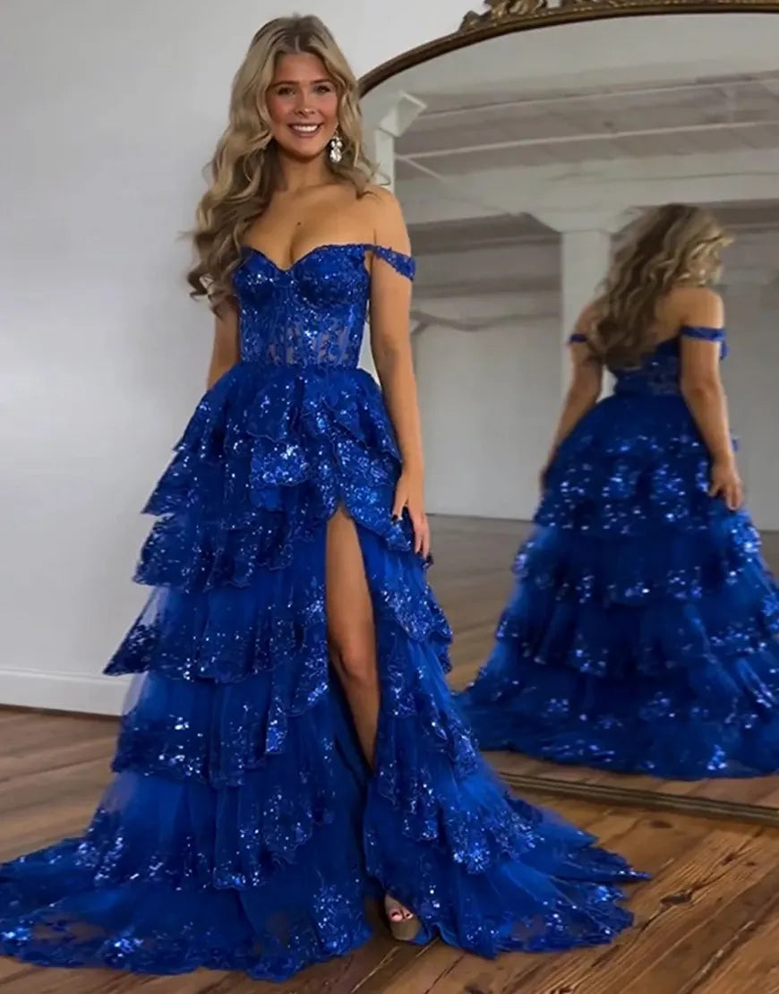 Wholesale Charming A-Line Sweep Train Long Tiered Prom Dress With Split long prom dresses with sleeves