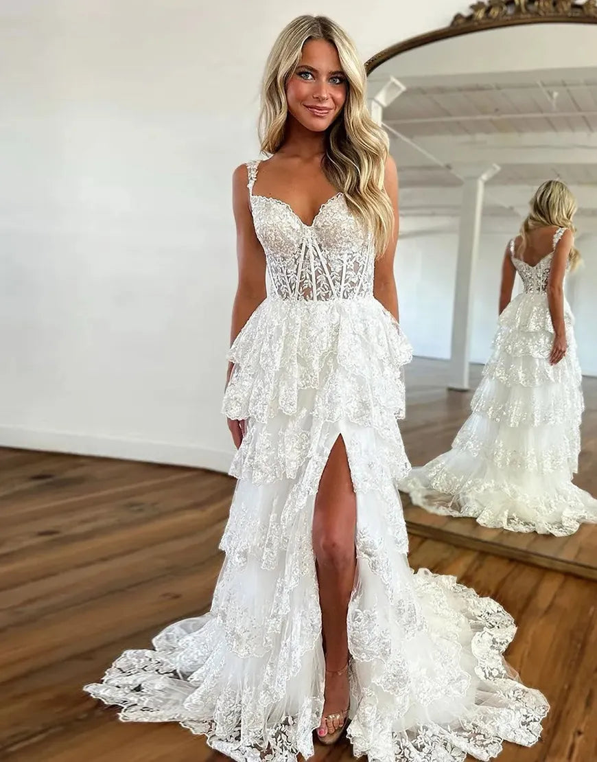 Wholesale Charming A-Line Sweep Train Long Tiered Prom Dress With Split long prom dresses with sleeves