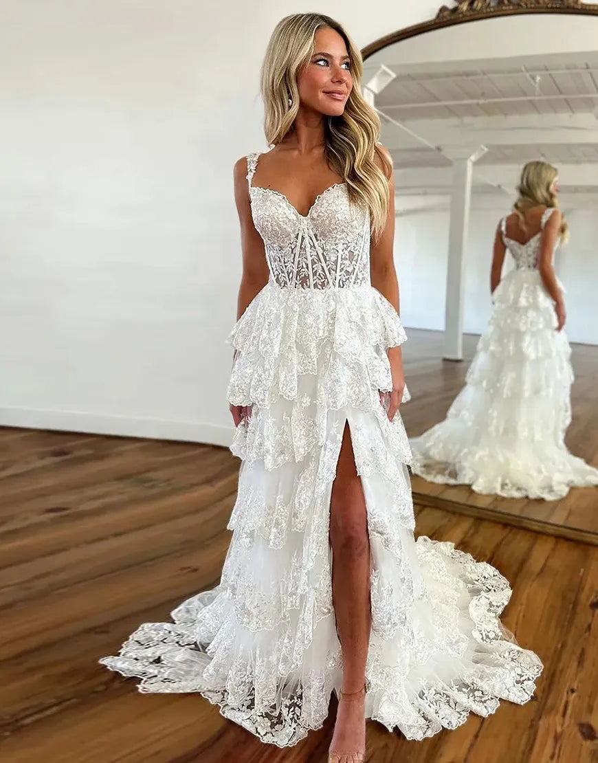 Wholesale Charming A-Line Sweep Train Long Tiered Prom Dress With Split long prom dresses with sleeves