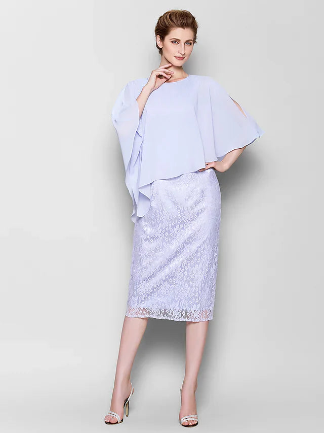 Wholesale Mother of the Bride Dress Vintage Inspired Jewel Neck Knee Length Chiffon Lace 3/4 Length Sleeve with Lace