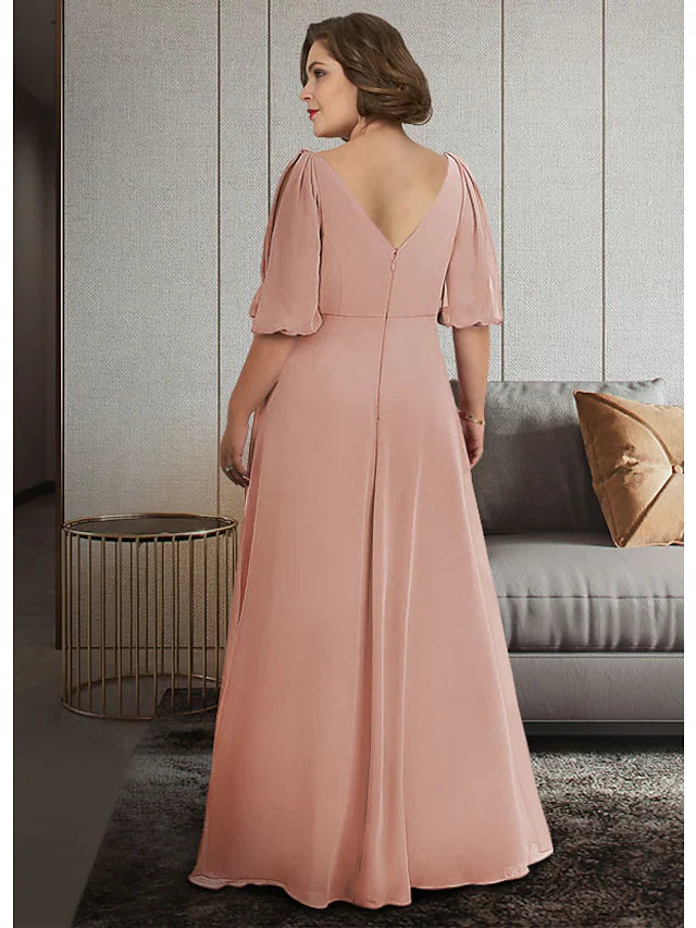 Wholesale A-Line Mother of the Bride Dress Plus Size Elegant V Neck Ankle Length Chiffon Half Sleeve with Ruching