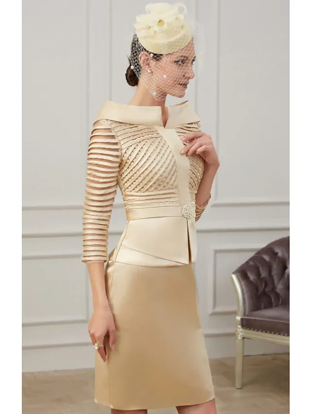 Wholesale Mother of the Bride Dress Plus Size Off Shoulder Knee Length Polyester 3/4 Length Sleeve with Ruching