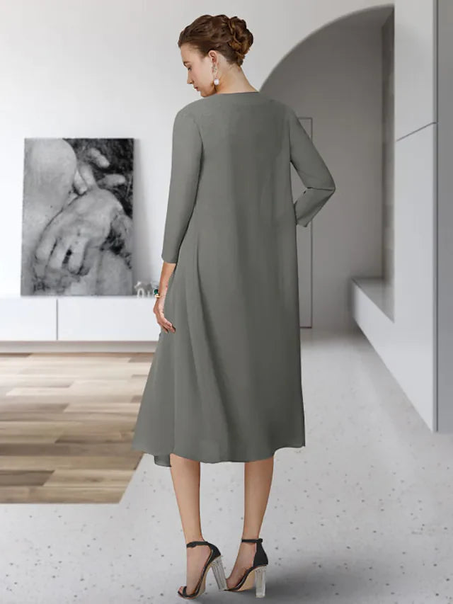 Wholesale Mother of the Bride Dress Elegant Jewel Neck Tea Length Chiffon Lace Sleeveless with Appliques