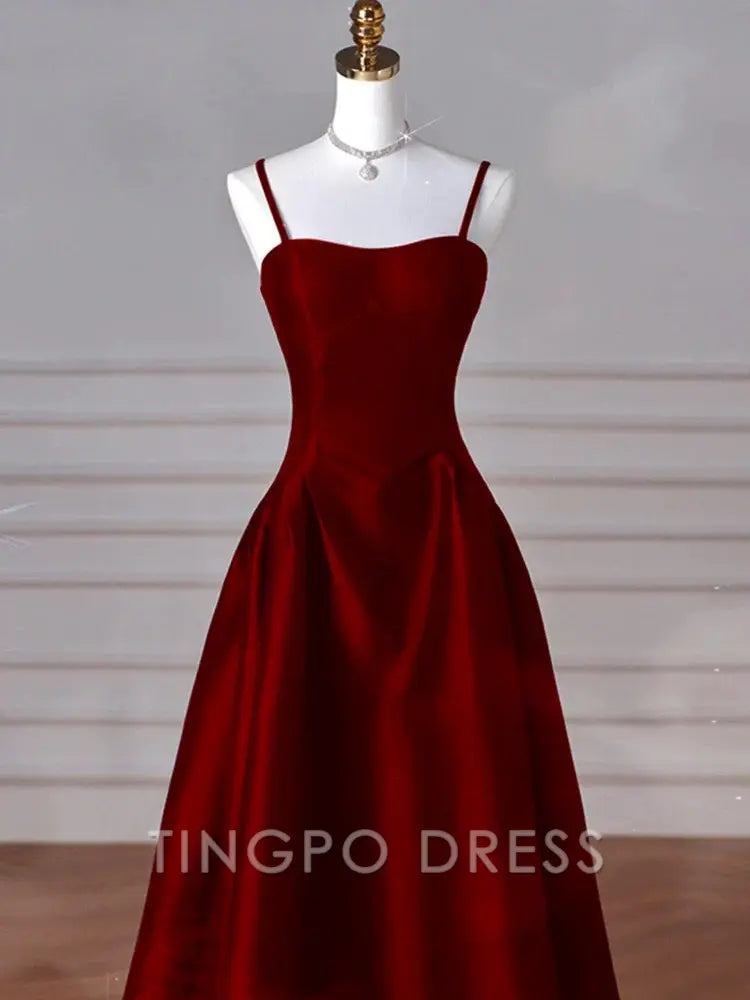 TingPo Wholesale A-line Navy Blue Satin Straps Long Formal Dress BURGUNDY Prom Dress
