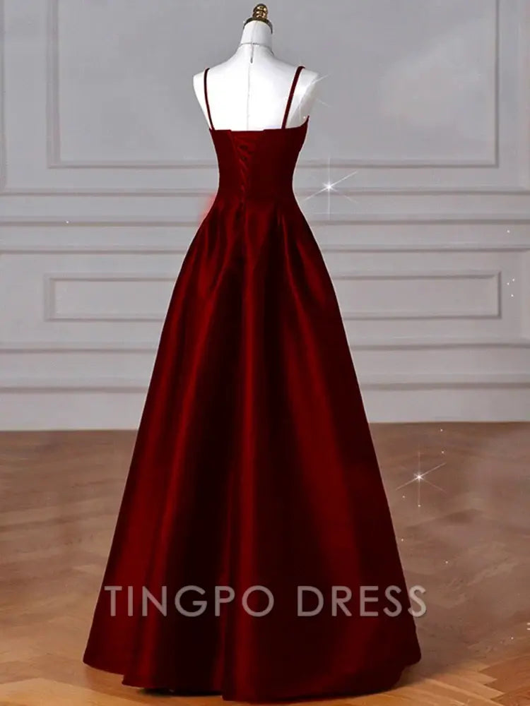 TingPo Wholesale A-line Navy Blue Satin Straps Long Formal Dress BURGUNDY Prom Dress