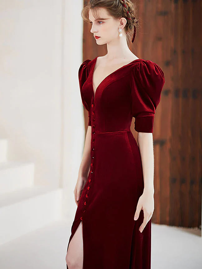 Wholesale Burgundy V-neck Short Sleeve Velvet Mermaid Long Formal Prom Dress