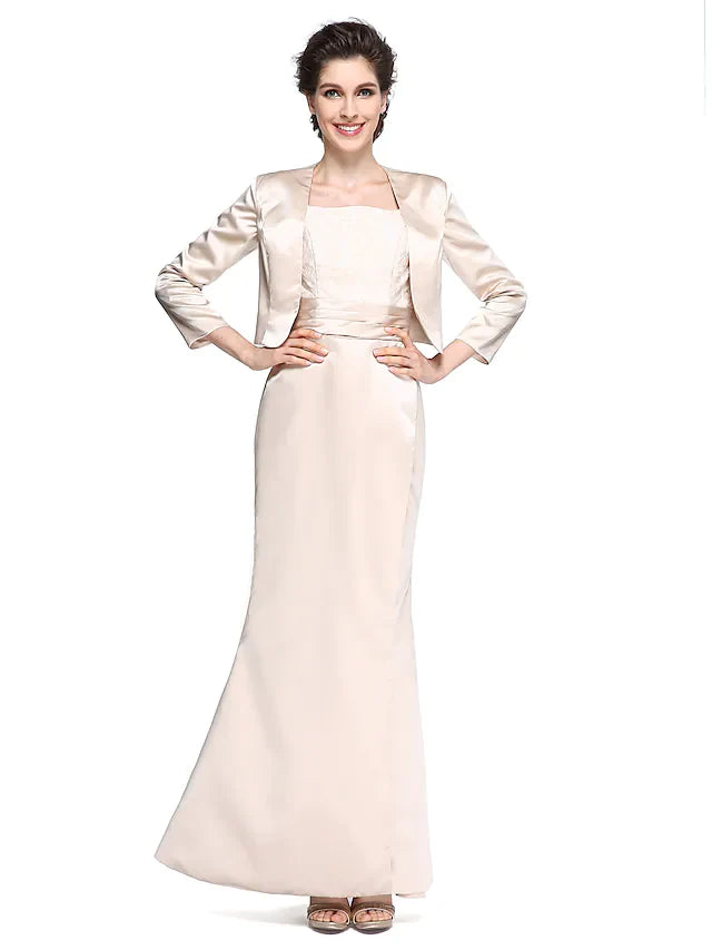 Wholesale Mother of the Bride Dress Elegant Square Neck Ankle Length Satin Length Sleeve with Lace Ruched