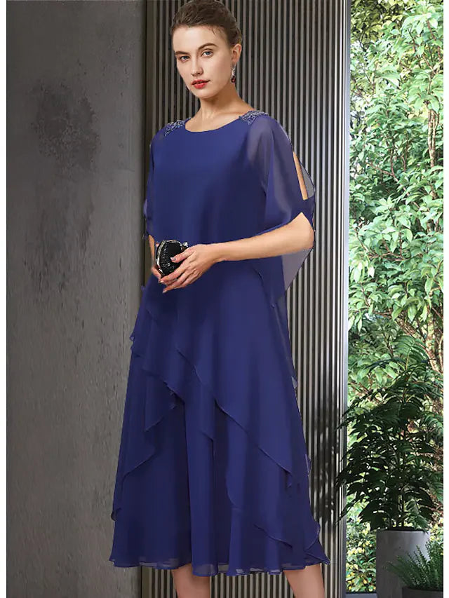 Wholesale A-Line Blue Mother of the Bride Dress Elegant Jewel Neck Tea Length Chiffon Half Sleeve with Cascading Ruffles