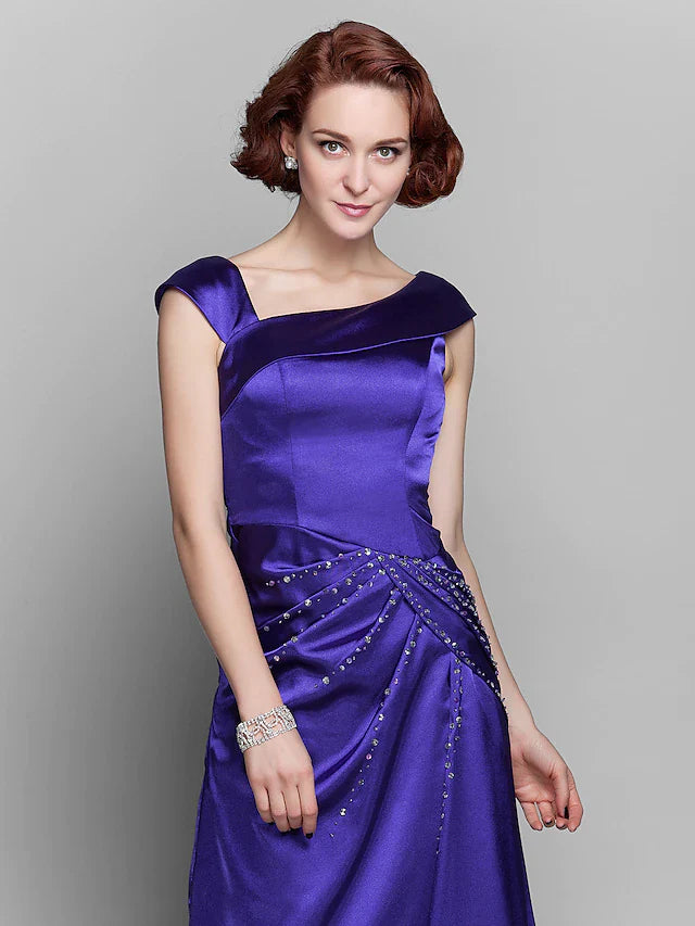 Wholesale Mother of the Bride Dress Elegant Off Shoulder Floor Length Stretch Satin Sleeveless with Beading Side Draping