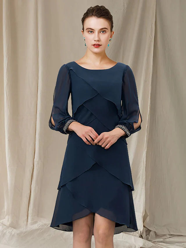 Wholesale A-Line Mother of the Bride Dress Elegant Jewel Neck Asymmetrical Short Mini Chiffon Short Sleeve with Ruffles