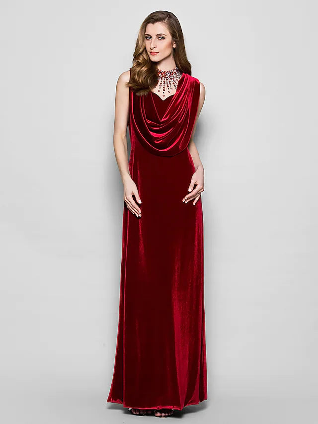 Wholesale Mother of the Bride Dress Cowl Neck Floor Length Velvet Sleeveless with Crystals Beading