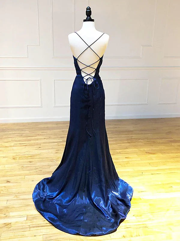 TingPo Wholesale Backless Dark Navy Blue Long Prom Dresses Evening Dresses