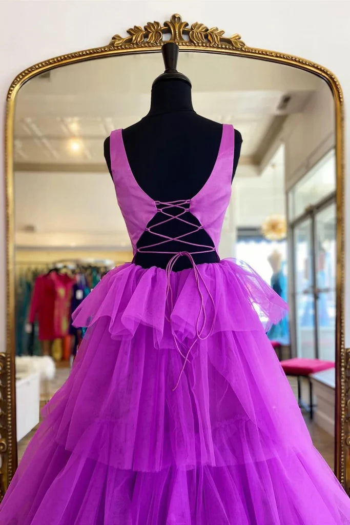 Wholesale Purple Tired A Line Sleeveless Long Prom Dresses