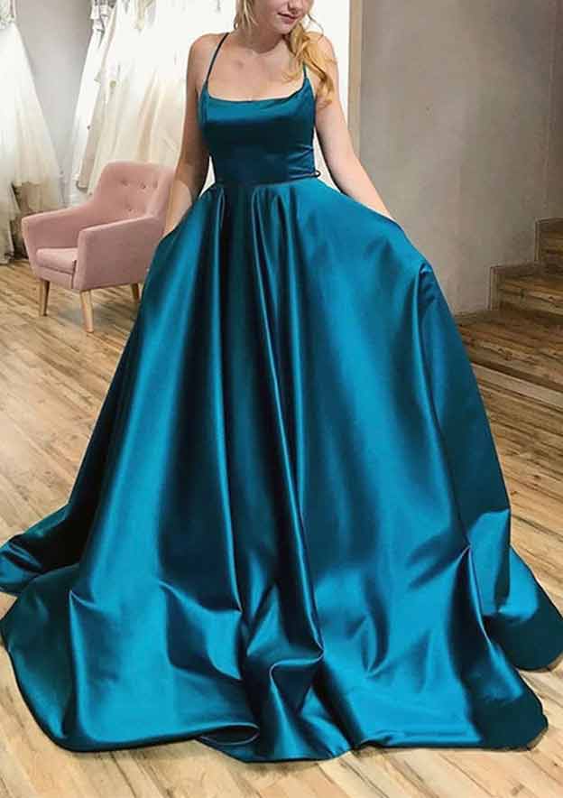 TingPo Wholesale Ball Gown A-line Square Neckline Spaghetti Straps Sweep Train Satin Prom Dress With Pleated Pockets