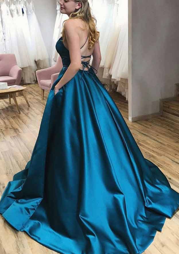 TingPo Wholesale Ball Gown A-line Square Neckline Spaghetti Straps Sweep Train Satin Prom Dress With Pleated Pockets