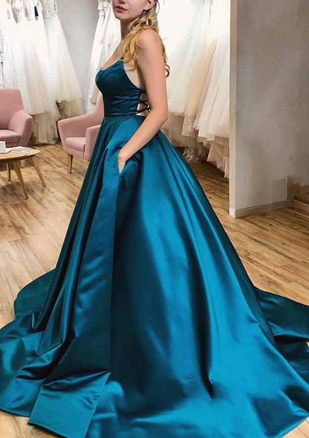 TingPo Wholesale Ball Gown A-line Square Neckline Spaghetti Straps Sweep Train Satin Prom Dress With Pleated Pockets