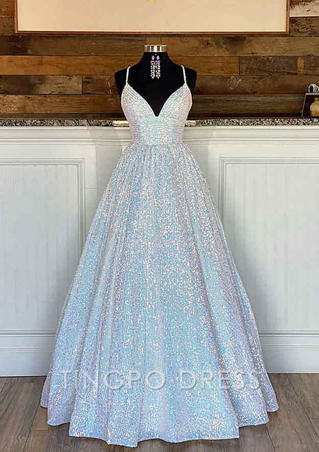 TingPo Wholesale Ball Gown Sleeveless V Neck Long/Floor-Length Sequined Sparkling Prom Dress With Pleated