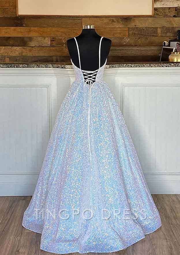 TingPo Wholesale Ball Gown Sleeveless V Neck Long/Floor-Length Sequined Sparkling Prom Dress With Pleated