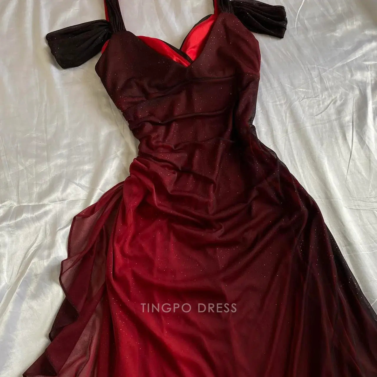 TingPo Wholesale Beautiful A line Straps Ombre Red Long Chiffon Prom Dress