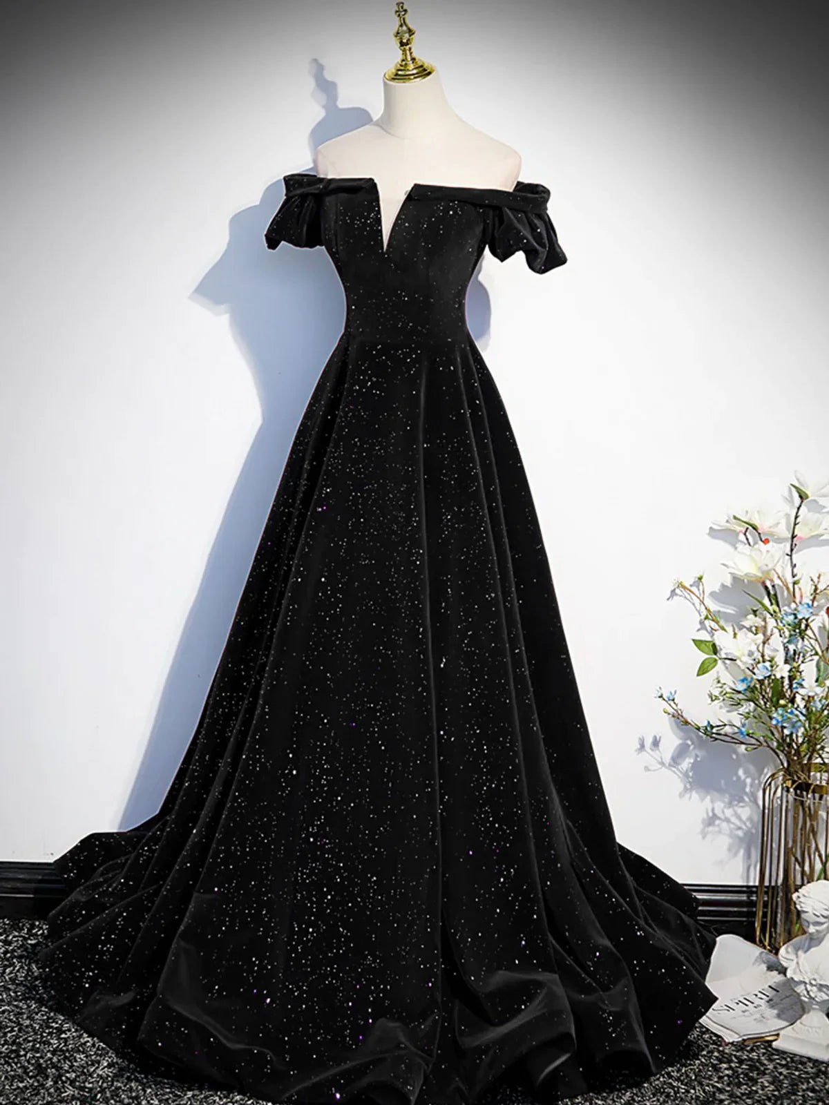 TingPo Wholesale Simple A line Off the Shoulder Shiny Black Long Prom Dresses