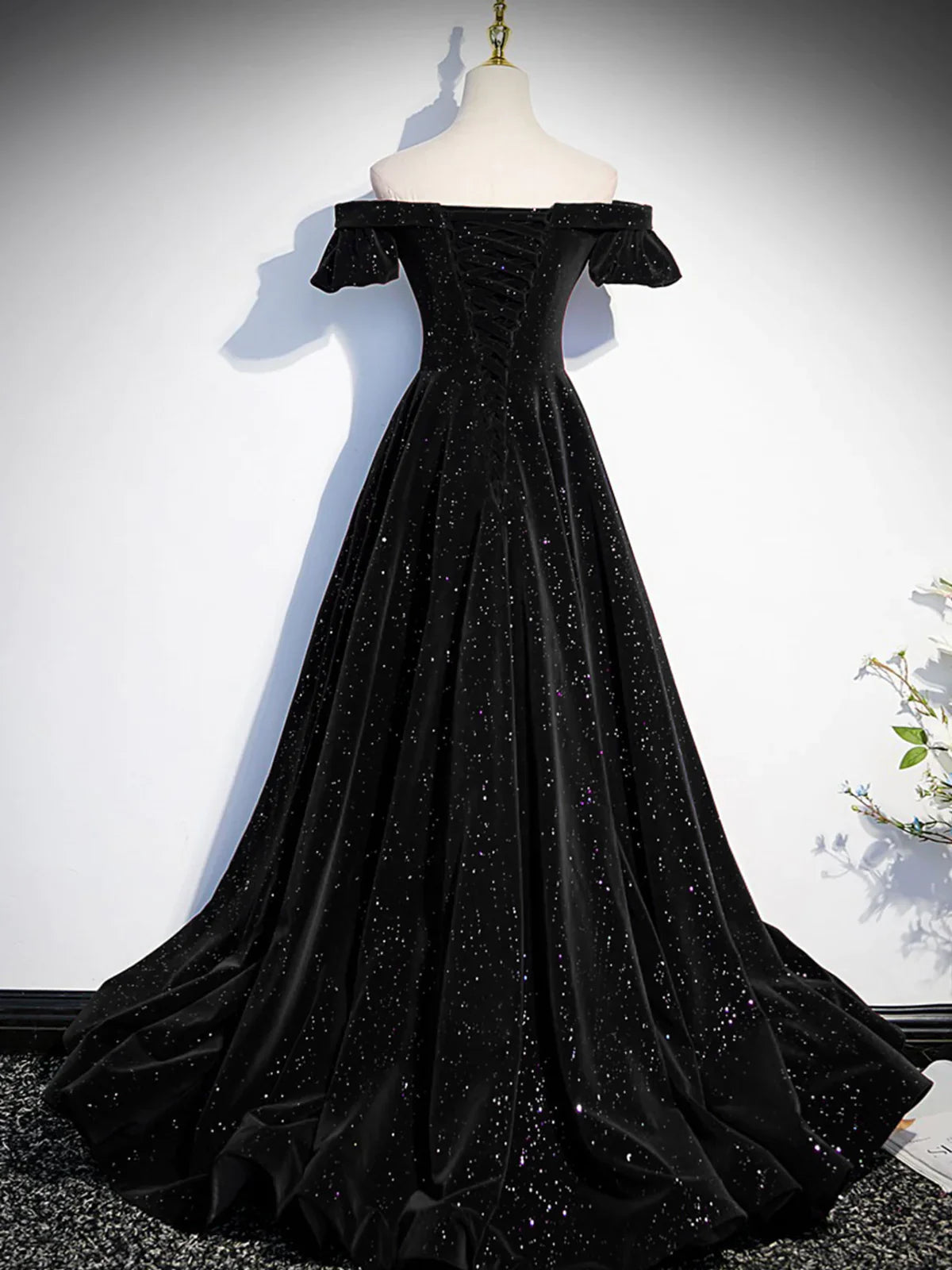 TingPo Wholesale Simple A line Off the Shoulder Shiny Black Long Prom Dresses