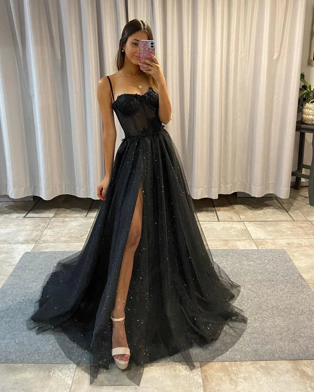 Wholesale Black A-line Spaghetti Straps Glitter Prom Dress With Split prom dresses with long sleeves