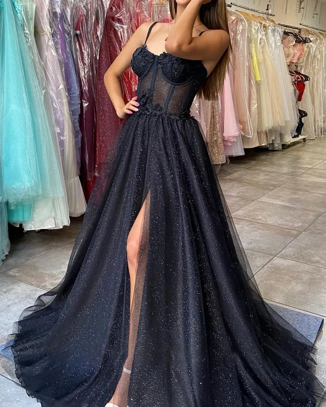 Wholesale Black A-line Spaghetti Straps Glitter Prom Dress With Split prom dresses with long sleeves