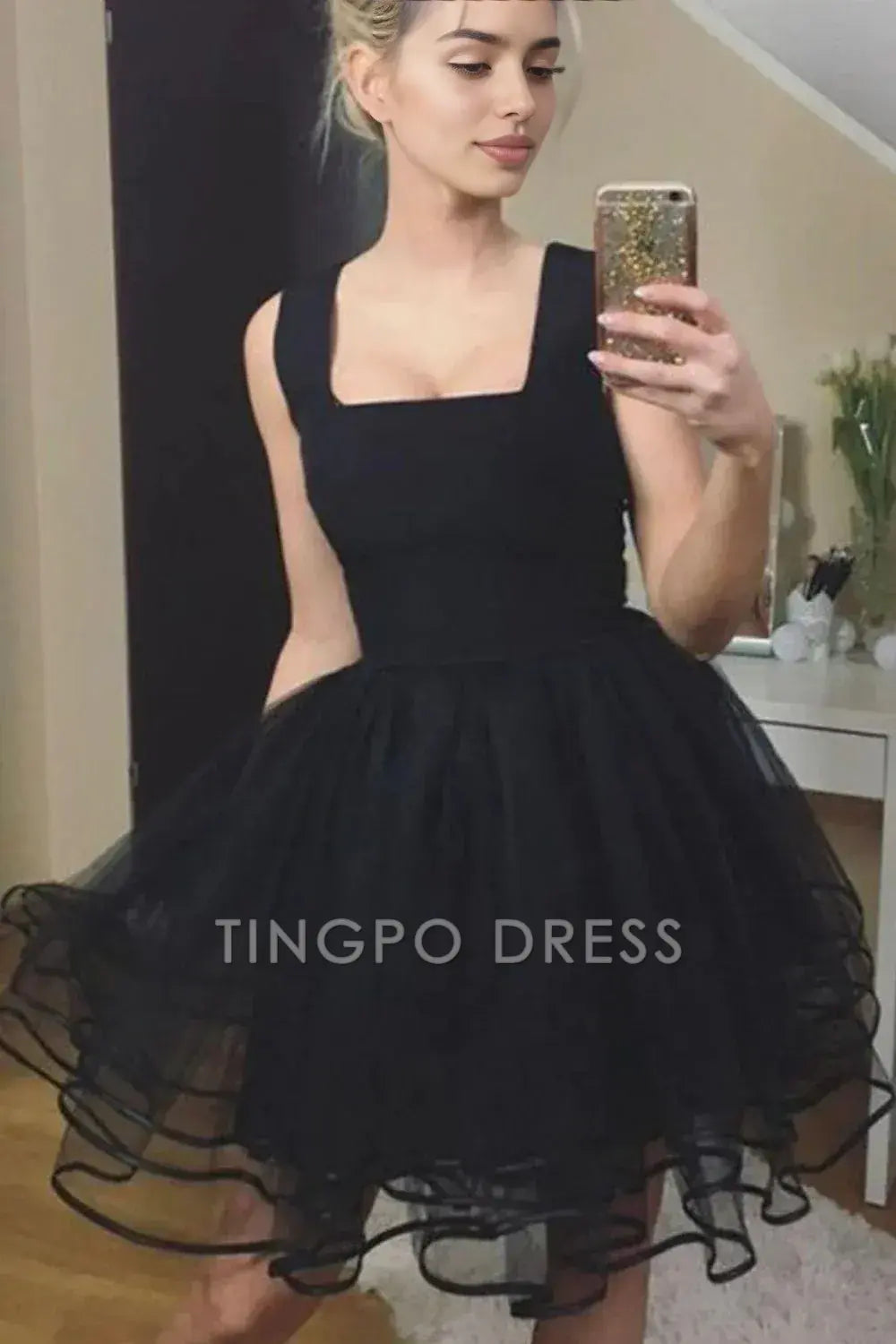 TingPo Wholesale Elegant Black A-line Square Neck Homecoming Dress With Ruffle formal wear dresses