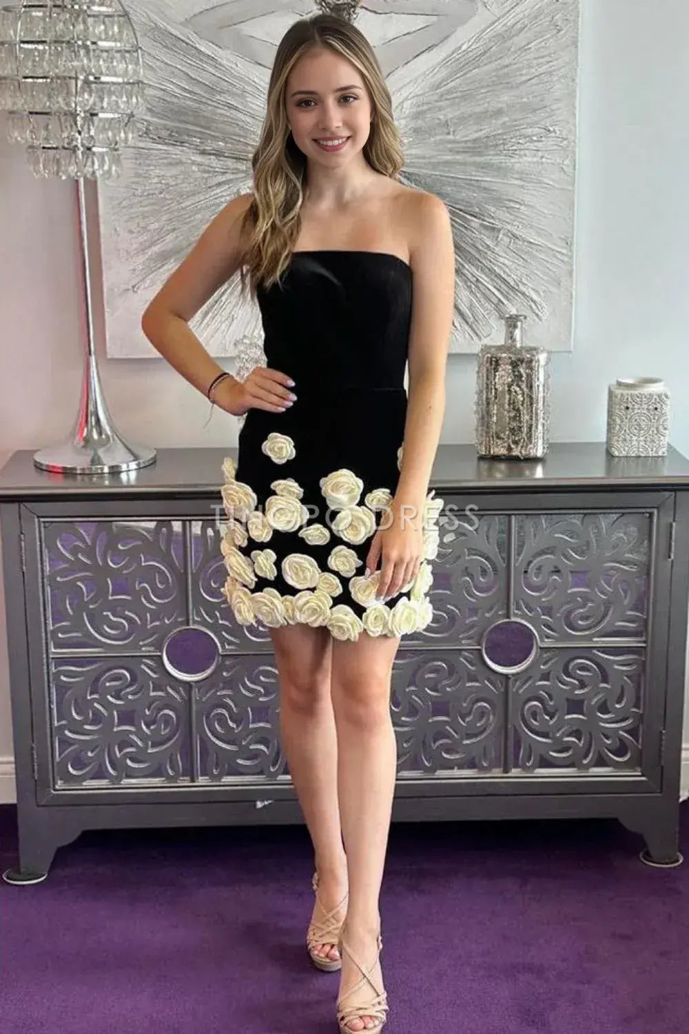 TingPo Wholesale Elegant Black Bodycon Strapless Short Tight Homecoming Dress With 3D Flowers formal wear dresses