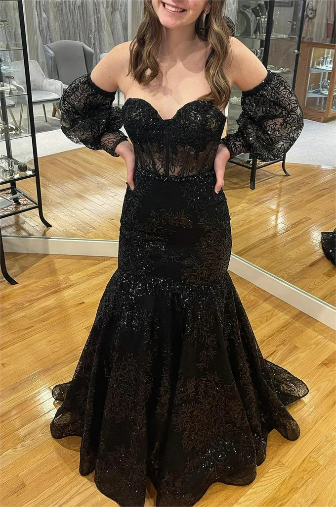 Wholesale Black Mermaid Sweetheart Prom Dresses Sparkly Lace Formal Evening Dresses
