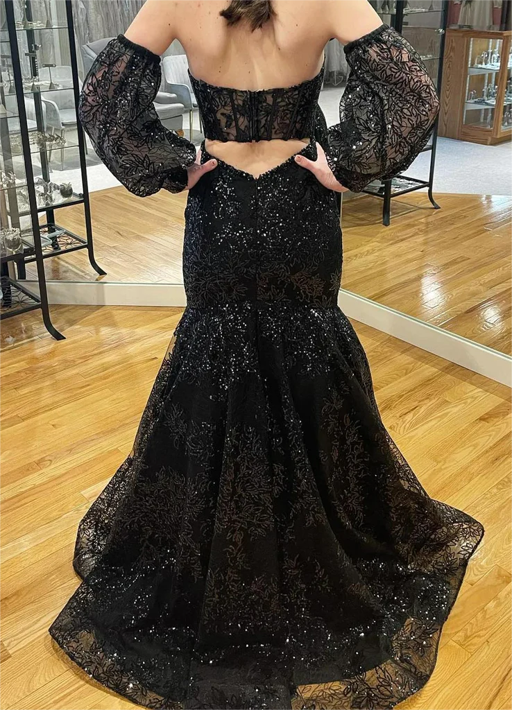 Wholesale Black Mermaid Sweetheart Prom Dresses Sparkly Lace Formal Evening Dresses