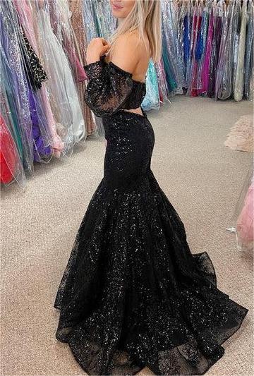 Wholesale Black Mermaid Sweetheart Prom Dresses Sparkly Lace Formal Evening Dresses