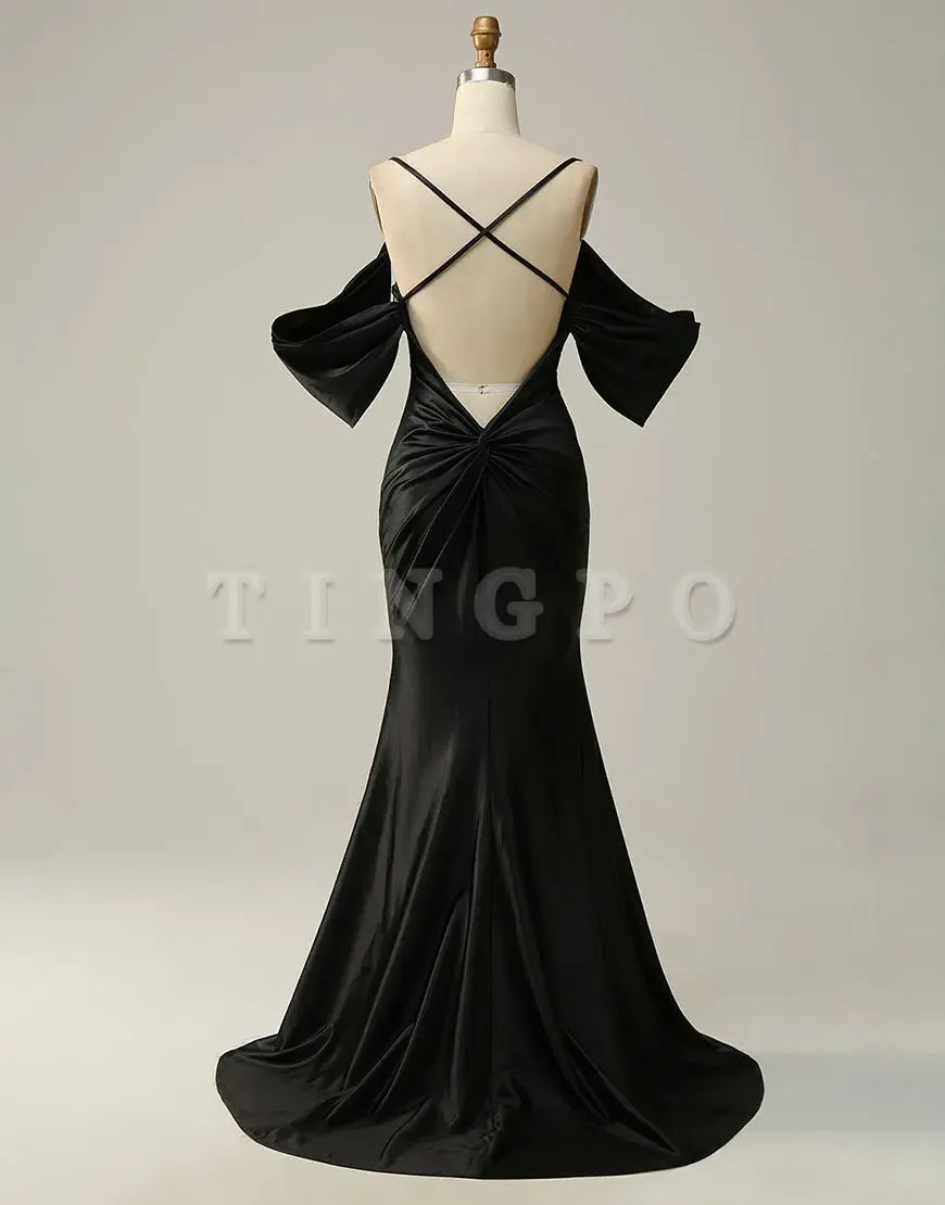 Wholesale Black Off The Shoulder Criss-Cross Back Long Satin Prom Dress prom dress in store
