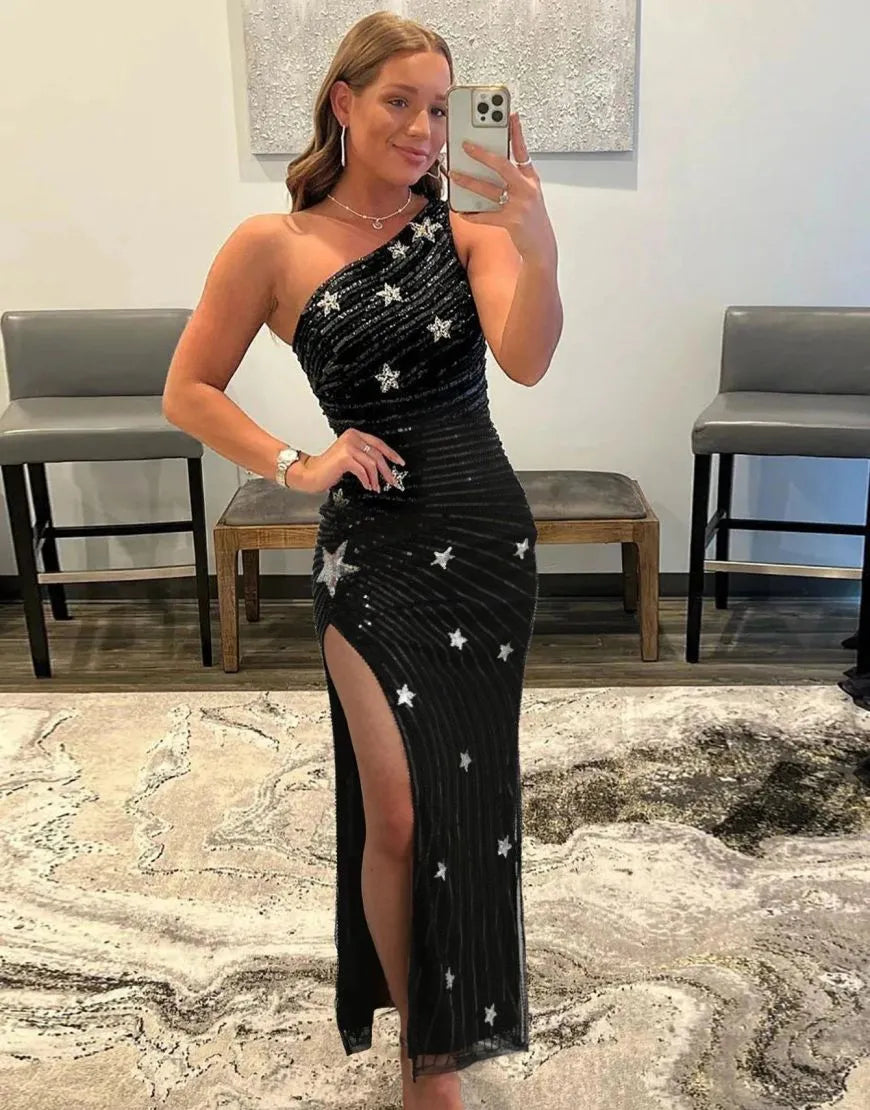 Wholesale Black One Shoulder Sequined Long Prom Dress With Stars long prom dresses with sleeves