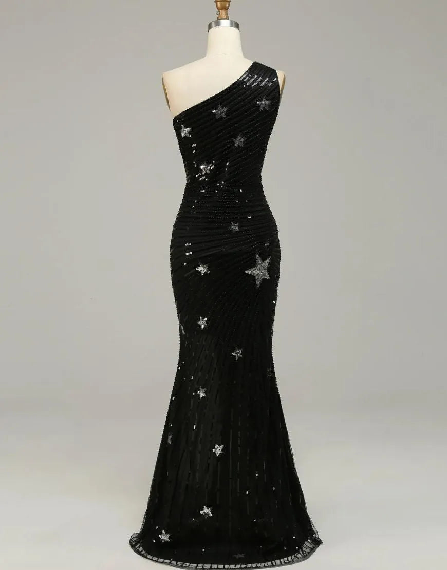 Wholesale Black One Shoulder Sequined Long Prom Dress With Stars long prom dresses with sleeves