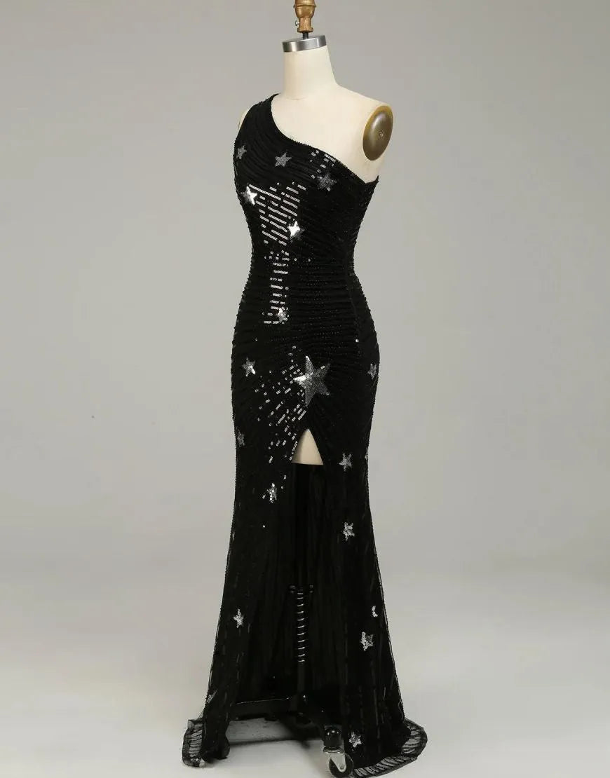Wholesale Black One Shoulder Sequined Long Prom Dress With Stars long prom dresses with sleeves