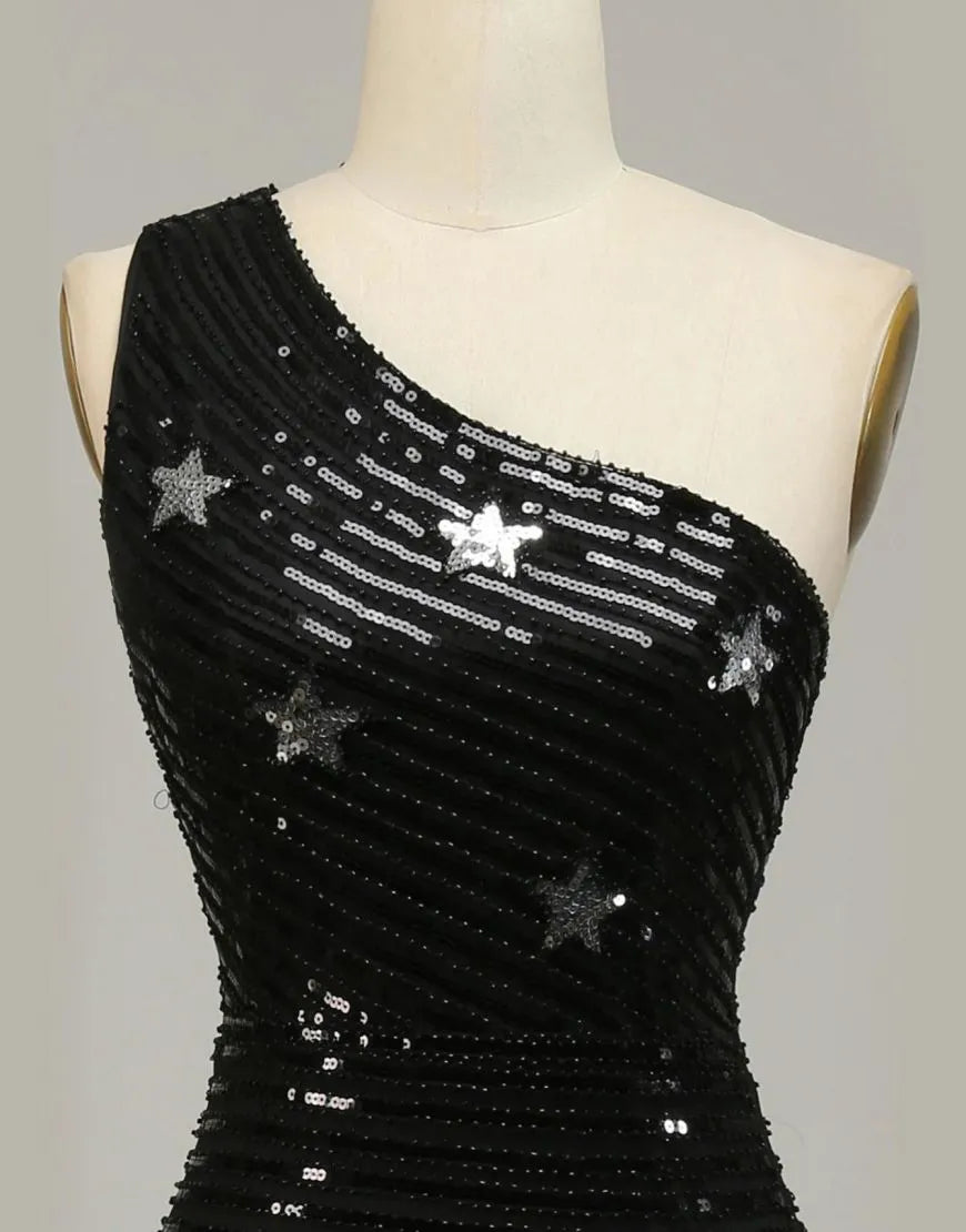 Wholesale Black One Shoulder Sequined Long Prom Dress With Stars long prom dresses with sleeves
