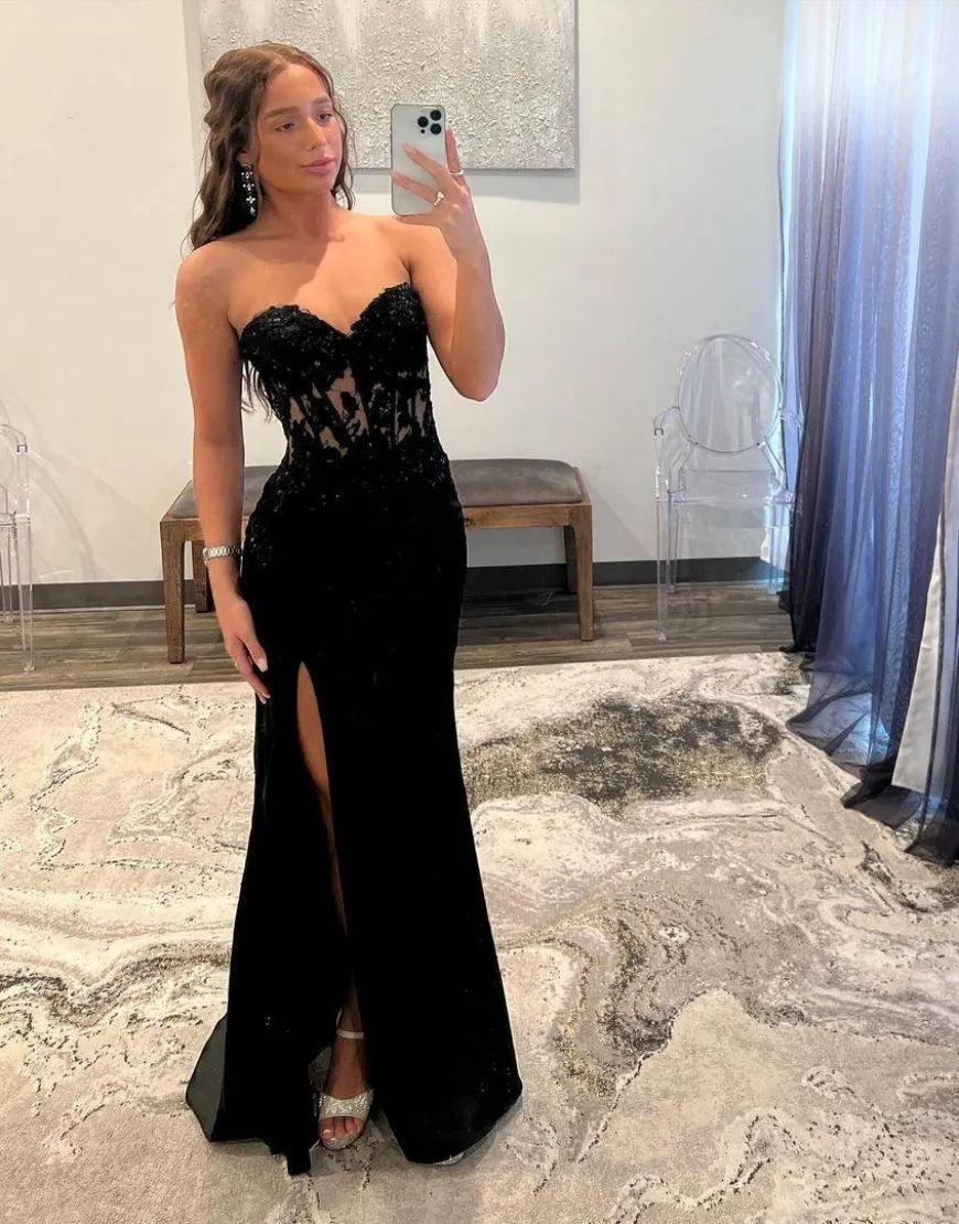Wholesale Black Sweetheart Zipper Back Long Prom Dress With Split
