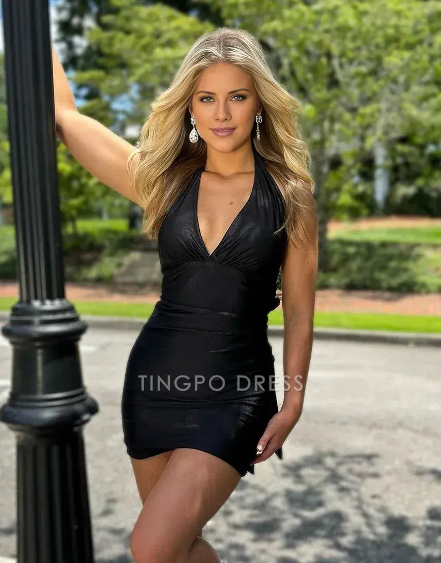 TingPo Wholesale Sexy Black Halter Open Back Short Tight Satin Homecoming Dress formal wear dresses