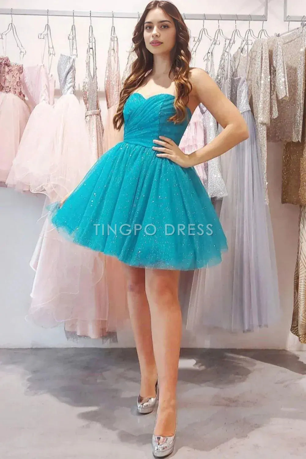 TingPo Wholesale Elegant Blue Glitter Tulle A-line Strapless Homecoming Dress formal wear dresses