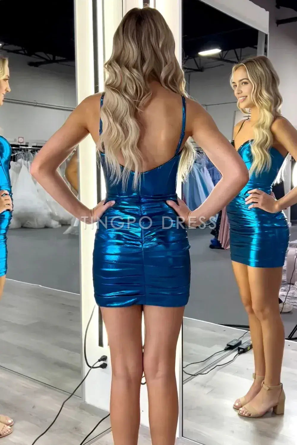TingPo Wholesale Elegant Blue Mermaid Spaghetti Straps Short Metallic Homecoming Dress with Pleating formal wear dresses