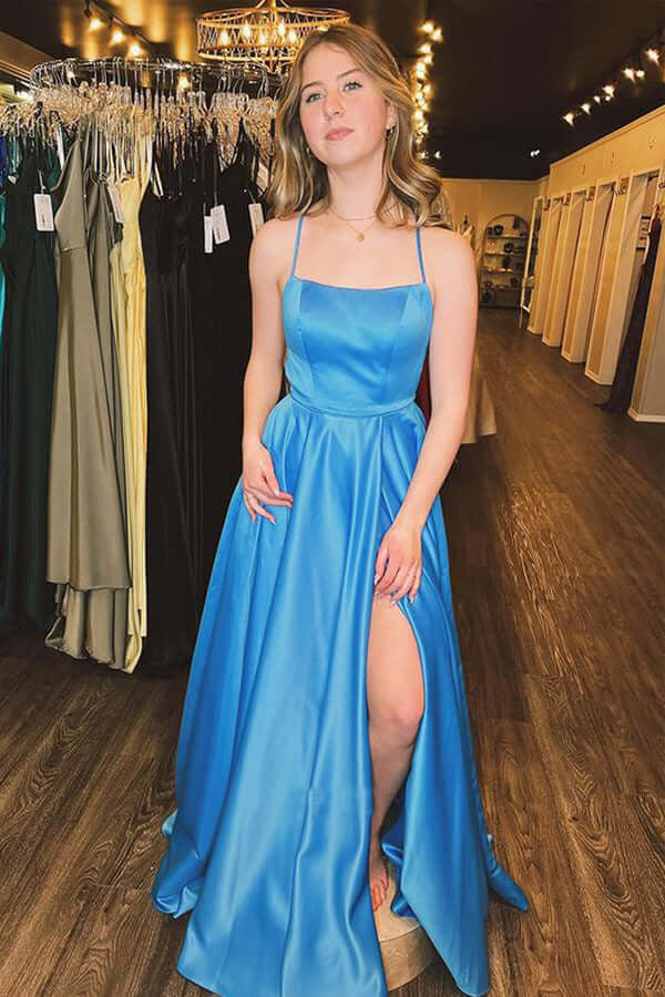 Wholesale Blue Satin A-line Spaghetti Straps Long Prom Dress With Slit